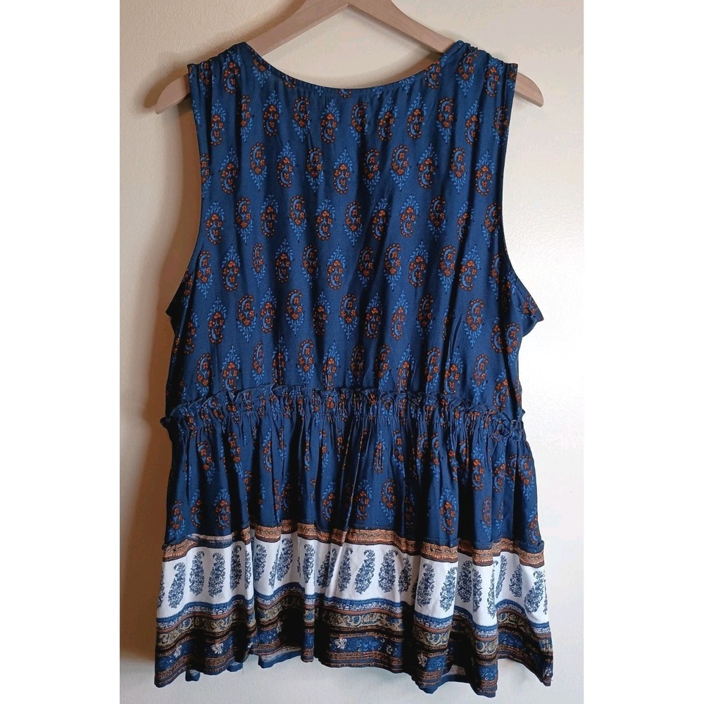 Maurices NWOT 0X 14W Boho Lace-Up Peplum Tank Top Folk Border Print Blue - Picture 4 of 11